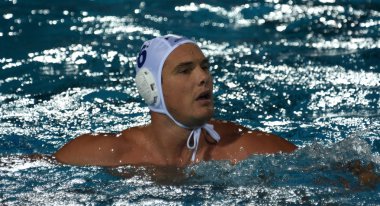 Budapeşte, Macaristan - 29 Temmuz 2017. Hosnyanszky Norbert (Hun) finalde Hırvatistan karşı oynamak. Fina Waterpolo Dünya Şampiyonası 2017 yılında Alfred Hajos yüzme merkezinde düzenlendi.
