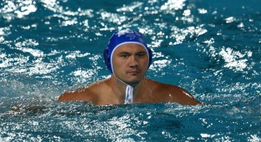 Budapeşte, Macaristan - 25 Temmuz 2017. Lazarev Nikolay (2) Rus waterpolo oyuncu. Fina Waterpolo Dünya Şampiyonası 2017 yılında Alfred Hajos yüzme merkezinde düzenlendi.