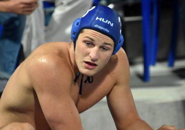 Budapeşte, Macaristan - 27 Temmuz 2017. Manhercz Çaça55 (3) Macar waterpolo oyuncu yarı final. Fina Waterpolo Dünya Şampiyonası 2017 yılında Alfred Hajos yüzme merkezinde düzenlendi.
