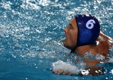 Budapeşte, Macaristan - 27 Temmuz 2017. Yarı final Hosnyanszky Norbert (6) Macar waterpolo oyuncu. Fina Waterpolo Dünya Şampiyonası 2017 yılında Alfred Hajos yüzme merkezinde düzenlendi.