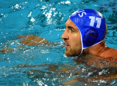 Budapeşte, Macaristan - 25 Temmuz 2017. Sergey Rus imalatı Lisunov (11) Rus waterpolo oyuncu, takım kaptanı. Fina Waterpolo Dünya Şampiyonası 2017 yılında Alfred Hajos yüzme merkezinde düzenlendi.