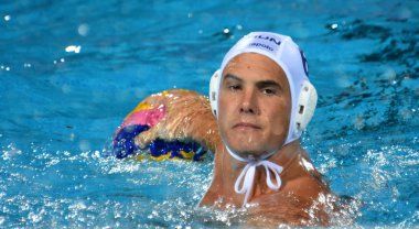 Budapeşte, Macaristan - 29 Temmuz 2017. Hosnyanszky Norbert (Hun) finalde Hırvatistan karşı oynamak. Fina Waterpolo Dünya Şampiyonası 2017 yılında Alfred Hajos yüzme merkezinde düzenlendi.