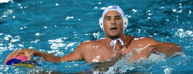 Budapeşte, Macaristan - 25 Temmuz 2017. Hosnyanszky Norbert (6) Macar waterpolo oyuncu. Fina Waterpolo Dünya Şampiyonası 2017 yılında Alfred Hajos yüzme merkezinde düzenlendi.