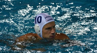 Budapeşte, Macaristan - 25 Temmuz 2017. Varga Denes (10) Macar waterpolo oyuncu. Fina Waterpolo Dünya Şampiyonası 2017 yılında Alfred Hajos yüzme merkezinde düzenlendi.