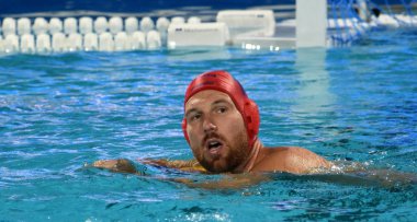 Budapeşte, Macaristan - 25 Temmuz 2017. Nagy Viktor (1) Macar waterpolo kaleci. Fina Waterpolo Dünya Şampiyonası 2017 yılında Alfred Hajos yüzme merkezinde düzenlendi.