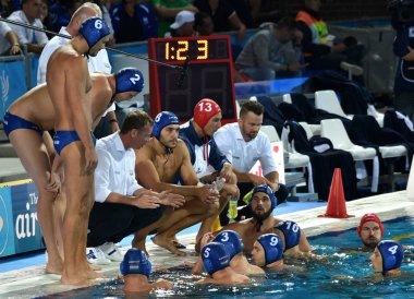 Budapeşte, Macaristan - 27 Temmuz 2017. Marcz Tamas koçu ve Macar erkek su takımı tatilinde. Fina Waterpolo Dünya Şampiyonası, yarı final.