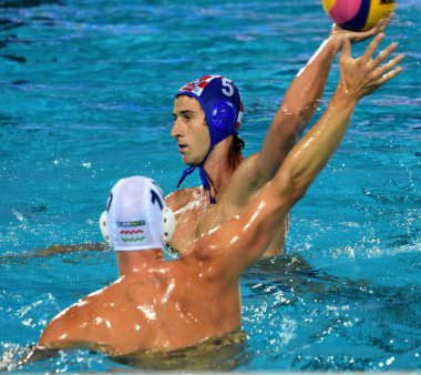 Budapeşte, Macaristan - 29 Temmuz 2017. Jokovic Maro (Cro) finalde Macaristan karşı oynamak. Fina Waterpolo Dünya Şampiyonası 2017 yılında Alfred Hajos yüzme merkezinde düzenlendi.