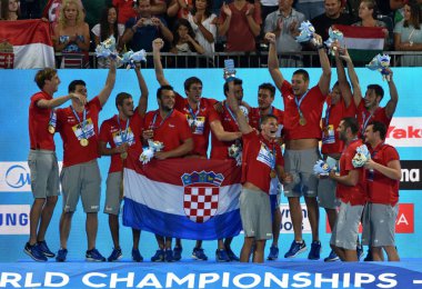 Budapeşte, Macaristan - 29 Temmuz 2017. Hırvatistan Fina Waterpolo Dünya Şampiyonası kazanan olur. Alfred Hajos yüzme merkezinde gerçekleştirildi.