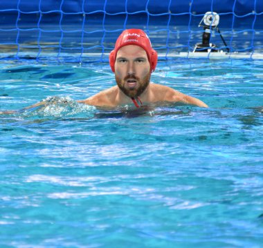 Budapeşte, Macaristan - 27 Temmuz 2017. Nagy Viktor (1) Macar waterpolo kaleci yarı final. Fina Waterpolo Dünya Şampiyonası 2017 yılında Alfred Hajos yüzme merkezinde düzenlendi.