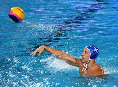 Budapeşte, Macaristan - 25 Temmuz 2017. Kholod Dmitrii (10) Rus waterpolo oyuncu. Fina Waterpolo Dünya Şampiyonası 2017 yılında Alfred Hajos yüzme merkezinde düzenlendi.