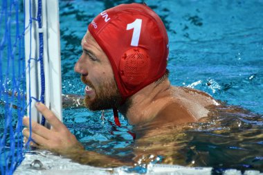 Budapeşte, Macaristan - 27 Temmuz 2017. Nagy Viktor (1) Macar waterpolo kaleci yarı final. Fina Waterpolo Dünya Şampiyonası 2017 yılında Alfred Hajos yüzme merkezinde düzenlendi.