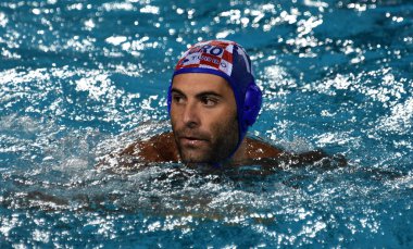 Budapeşte, Macaristan - 29 Temmuz 2017. Garcia Gadea finalde Macaristan karşı oynayan Javier (Cro). Fina Waterpolo Dünya Şampiyonası 2017 yılında Alfred Hajos yüzme merkezinde düzenlendi.