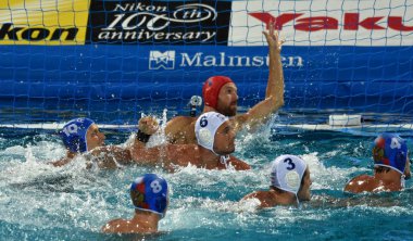 Budapeşte, Macaristan - 25 Temmuz 2017. Hosnyanszky Norbert (6) Macar waterpolo oyuncu. Fina Waterpolo Dünya Şampiyonası 2017 yılında Alfred Hajos yüzme merkezinde düzenlendi.
