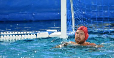Budapeşte, Macaristan - 25 Temmuz 2017. Nagy Viktor (1) Macar waterpolo kaleci. Fina Waterpolo Dünya Şampiyonası 2017 yılında Alfred Hajos yüzme merkezinde düzenlendi.