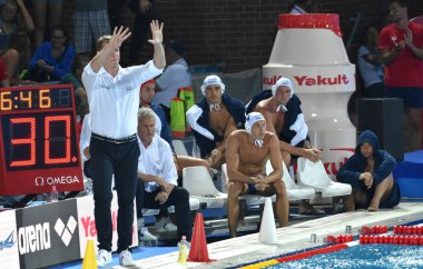 Budapeşte, Macaristan - 29 Temmuz 2017. Marcz Tamas koçu ve Macar erkek su takımı tatilinde. Fina Waterpolo Dünya Şampiyonası, Final, Hun-Cro.
