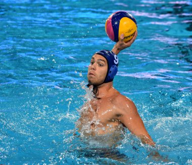 Budapeşte, Macaristan - 27 Temmuz 2017. Yarı final Erdelyi Balazs (9) Macar waterpolo oyuncu. Fina Waterpolo Dünya Şampiyonası 2017 yılında Alfred Hajos yüzme merkezinde düzenlendi.