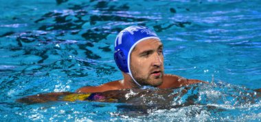Budapeşte, Macaristan - 25 Temmuz 2017. Sergey Rus imalatı Lisunov (11) Rus waterpolo oyuncu, takım kaptanı. Fina Waterpolo Dünya Şampiyonası 2017 yılında Alfred Hajos yüzme merkezinde düzenlendi.