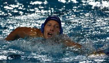 Budapeşte, Macaristan - 27 Temmuz 2017. Zalanki Gergo (4) Macar waterpolo oyuncu yarı final. Fina Waterpolo Dünya Şampiyonası 2017 yılında Alfred Hajos yüzme merkezinde düzenlendi.