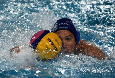 Budapeşte, Macaristan - 27 Temmuz 2017. Yarı final Hosnyanszky Norbert (6) Macar waterpolo oyuncu. Fina Waterpolo Dünya Şampiyonası 2017 yılında Alfred Hajos yüzme merkezinde düzenlendi.