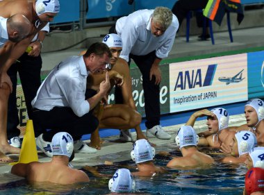Budapeşte, Macaristan - 29 Temmuz 2017. Marcz Tamas koçu ve Macar erkek su takımı tatilinde. Fina Waterpolo Dünya Şampiyonası, Final, Hun-Cro.