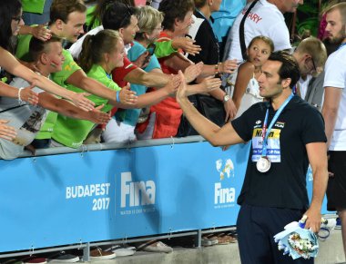 Budapeşte, Macaristan - 27 Temmuz 2017. Üzgün Macar ekibi (Gor-Nagy Miklos 8) finalde Hırvatistan karşı kaybetme sonra. Fina Waterpolo Dünya Şampiyonası.