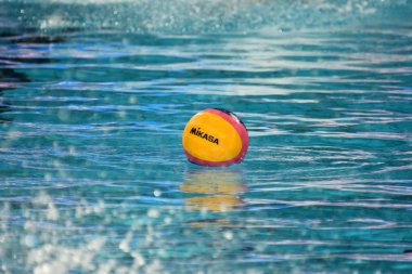 Budapest, Hungary - Jul 29, 2017. Waterpolo ball in the swimming pool. FINA Waterpolo World Championship was held in Alfred Hajos Swimming Centre in 2017. clipart