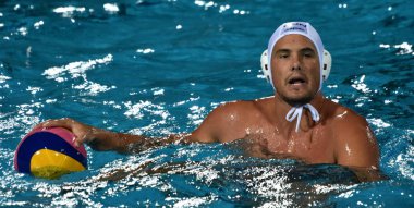 Budapeşte, Macaristan - 25 Temmuz 2017. Hosnyanszky Norbert (6) Macar waterpolo oyuncu. Fina Waterpolo Dünya Şampiyonası 2017 yılında Alfred Hajos yüzme merkezinde düzenlendi.