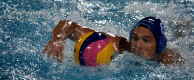 Budapeşte, Macaristan - 27 Temmuz 2017. Yarı final Hosnyanszky Norbert (6) Macar waterpolo oyuncu. Fina Waterpolo Dünya Şampiyonası 2017 yılında Alfred Hajos yüzme merkezinde düzenlendi.