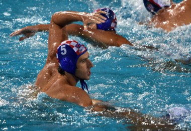 Budapeşte, Macaristan - 27 Temmuz 2017. Hırvatistan takım oyuncusu Jokovic Maro (5). Fina Waterpolo Dünya Şampiyonası, yarı final.