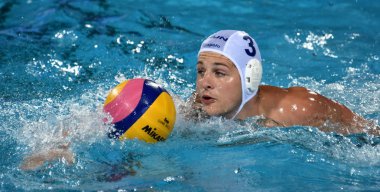 Budapeşte, Macaristan - 29 Temmuz 2017. Manhercz Çaça55 (3) Macar waterpolo oyuncu son. Fina Waterpolo Dünya Şampiyonası 2017 yılında Alfred Hajos yüzme merkezinde düzenlendi.