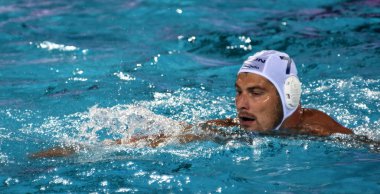 Budapeşte, Macaristan - 25 Temmuz 2017. Decker Adam (7) Macar waterpolo oyuncu. Fina Waterpolo Dünya Şampiyonası 2017 yılında Alfred Hajos yüzme merkezinde düzenlendi.