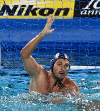 Budapeşte, Macaristan - 27 Temmuz 2017. Decker Adam (7) Macar waterpolo oyuncu yarı final. Fina Waterpolo Dünya Şampiyonası 2017 yılında Alfred Hajos yüzme merkezinde düzenlendi.