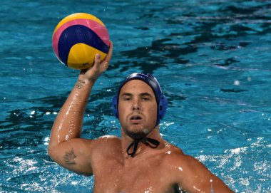 Budapeşte, Macaristan - 27 Temmuz 2017. Yarı final Hosnyanszky Norbert (6) Macar waterpolo oyuncu. Fina Waterpolo Dünya Şampiyonası 2017 yılında Alfred Hajos yüzme merkezinde düzenlendi.