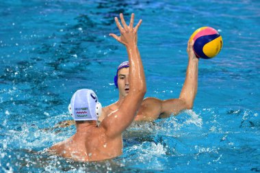 Budapeşte, Macaristan - 29 Temmuz 2017. Jokovic Maro (Cro) finalde Macaristan karşı oynamak. Fina Waterpolo Dünya Şampiyonası 2017 yılında Alfred Hajos yüzme merkezinde düzenlendi.