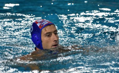 Budapeşte, Macaristan - 29 Temmuz 2017. Jokovic Maro (Cro) finalde Macaristan karşı oynamak. Fina Waterpolo Dünya Şampiyonası 2017 yılında Alfred Hajos yüzme merkezinde düzenlendi.