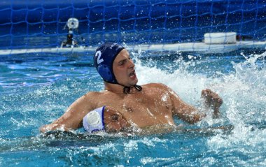 Budapeşte, Macaristan - 27 Temmuz 2017. Yarı final Torok Bela (2) Macar waterpolo oyuncu. Fina Waterpolo Dünya Şampiyonası 2017 yılında Alfred Hajos yüzme merkezinde düzenlendi.