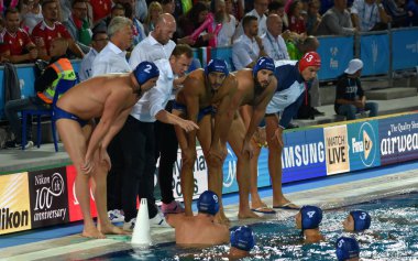 Budapeşte, Macaristan - 27 Temmuz 2017. Marcz Tamas koçu ve Macar erkek su takımı tatilinde. Fina Waterpolo Dünya Şampiyonası, yarı final.