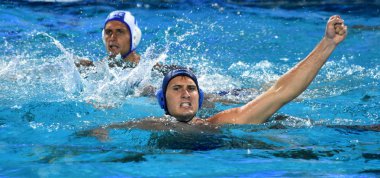 Budapeşte, Macaristan - 27 Temmuz 2017. Vamos Marton (5) Macar waterpolo oyuncu yarı final. Fina Waterpolo Dünya Şampiyonası 2017 yılında Alfred Hajos yüzme merkezinde düzenlendi.
