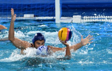 Budapeşte, Macaristan - 27 Temmuz 2017. Decker Adam (7) Macar waterpolo oyuncu yarı final. Fina Waterpolo Dünya Şampiyonası 2017 yılında Alfred Hajos yüzme merkezinde düzenlendi.