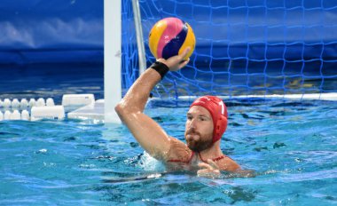 Budapeşte, Macaristan - 27 Temmuz 2017. Nagy Viktor (1) Macar waterpolo kaleci yarı final. Fina Waterpolo Dünya Şampiyonası 2017 yılında Alfred Hajos yüzme merkezinde düzenlendi.
