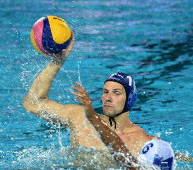 Budapeşte, Macaristan - 27 Temmuz 2017. Varga Denes (10) Macar waterpolo oyuncu yarı final. Fina Waterpolo Dünya Şampiyonası 2017 yılında Alfred Hajos yüzme merkezinde düzenlendi.