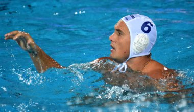 Budapeşte, Macaristan - 29 Temmuz 2017. Hosnyanszky Norbert (Hun) finalde Hırvatistan karşı oynamak. Fina Waterpolo Dünya Şampiyonası 2017 yılında Alfred Hajos yüzme merkezinde düzenlendi.