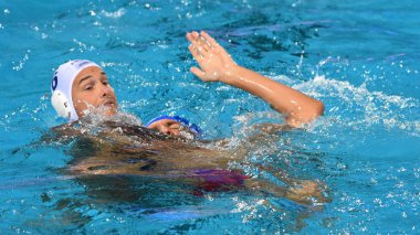 Budapeşte, Macaristan - 29 Temmuz 2017. Manhercz Çaça55 (3) Macar waterpolo oyuncu son. Fina Waterpolo Dünya Şampiyonası 2017 yılında Alfred Hajos yüzme merkezinde düzenlendi.