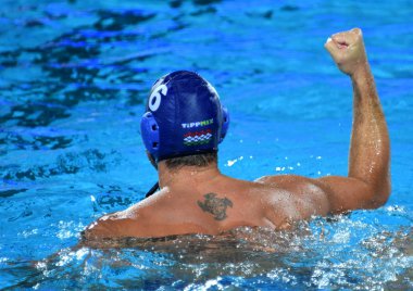 Budapeşte, Macaristan - 27 Temmuz 2017. Yarı final Hosnyanszky Norbert (6) Macar waterpolo oyuncu. Fina Waterpolo Dünya Şampiyonası 2017 yılında Alfred Hajos yüzme merkezinde düzenlendi.