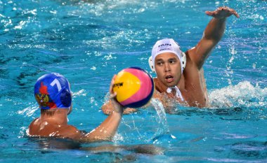 Budapeşte, Macaristan - 25 Temmuz 2017. Erdelyi Balazs (9) Macar waterpolo oyuncu. Fina Waterpolo Dünya Şampiyonası 2017 yılında Alfred Hajos yüzme merkezinde düzenlendi.