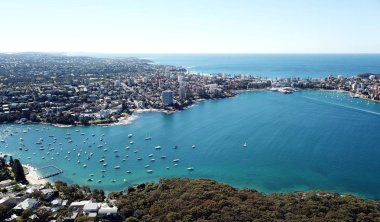 Manly Beach, North Harbour ve Tasman Denizi havadan görünümü. View Tania Park, Dobroyd baş (Sydney, Avustralya)