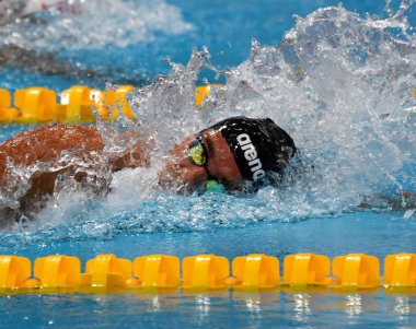 Budapeşte, Macaristan - 25 Temmuz 2017. Rekabetçi yüzücü Paltrinieri 800 m serbest stil yüzme Gregorio (Ita). Fina yüzme Dünya Şampiyonası ön ısıtır Duna Arena.