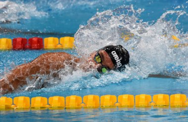 Budapeşte, Macaristan - 25 Temmuz 2017. Rekabetçi yüzücü Paltrinieri 800 m serbest stil yüzme Gregorio (Ita). Fina yüzme Dünya Şampiyonası ön ısıtır Duna Arena.