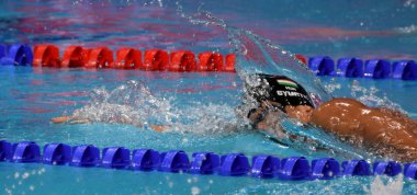 Budapeşte, Macaristan - 25 Temmuz 2017. Rekabetçi yüzücü Gyurta 800 m serbest stil yüzme Gergely (Hun). Fina yüzme Dünya Şampiyonası ön ısıtır Duna Arena.