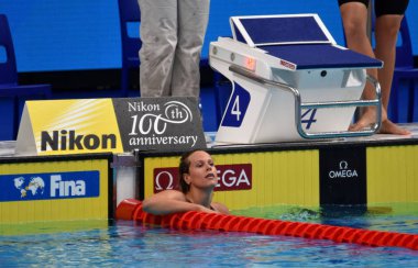 Budapeşte, Macaristan - 25 Temmuz 2017. Pellegrini Federica (Ita) Yüzme freestyle rekabetçi yüzücü. Fina yüzme Dünya Şampiyonası ön ısıtır Duna Arena.